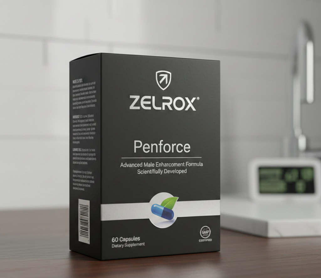 Professional product photography of Penforce supplement bottle - sleek dark blue bottle with silver accents, modern minimalist label design featuring the Penforce logo, sitting on a clean marble surface with dramatic lighting, high-end pharmaceutical packaging style, 45-degree angle view showing full label details, studio quality lighting with soft shadows